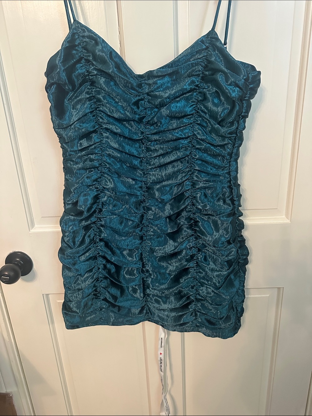 Lucy in the Sky Teal Ruched Satin Mini Dress